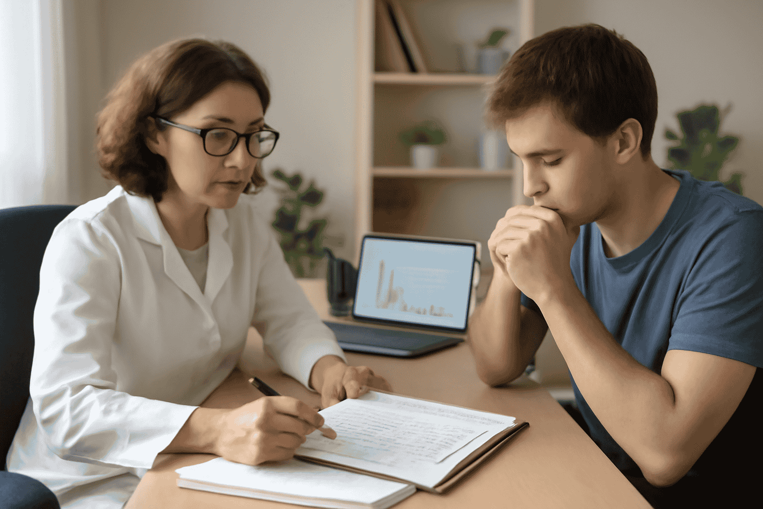 generate a realistic image of a psychologist or medical professional conducting an consultation with a person. This could include sitting at a desk with forms or computer screens, or using psychological testing tools.